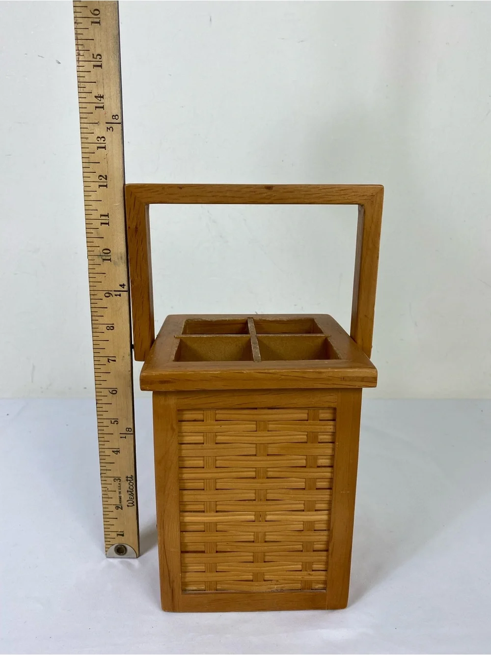 Vintage Wooden Woven Utensils Basket Tote in Honey Brown